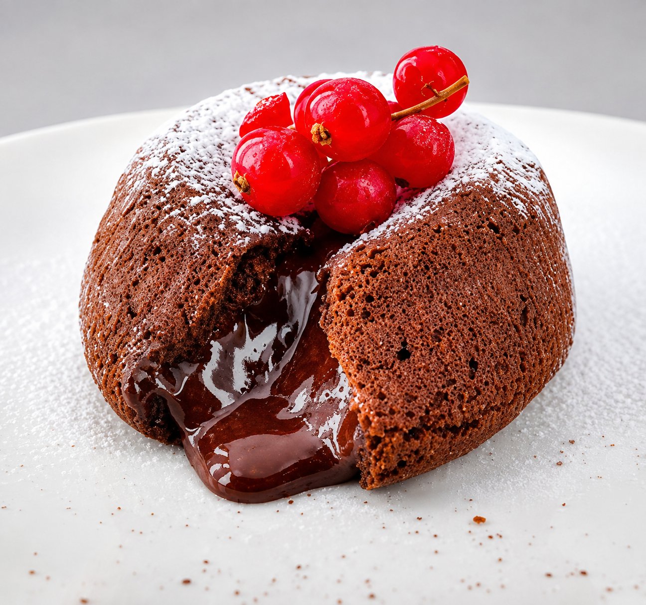 Chocolate fondant dessert with red currants